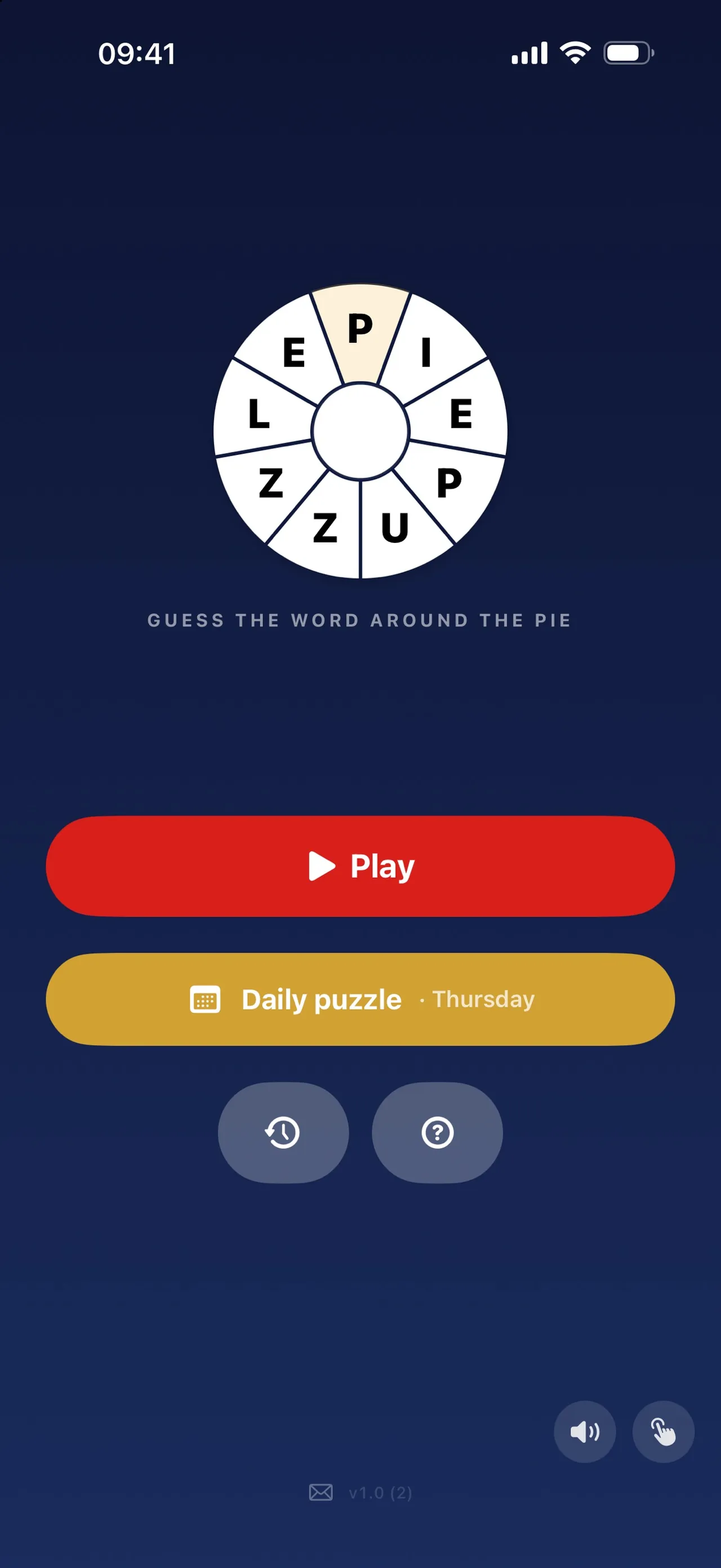 Pie Puzzle home screen with a pie spelling PIEPUZZLE, a Play button and a Daily puzzle button for Thursday