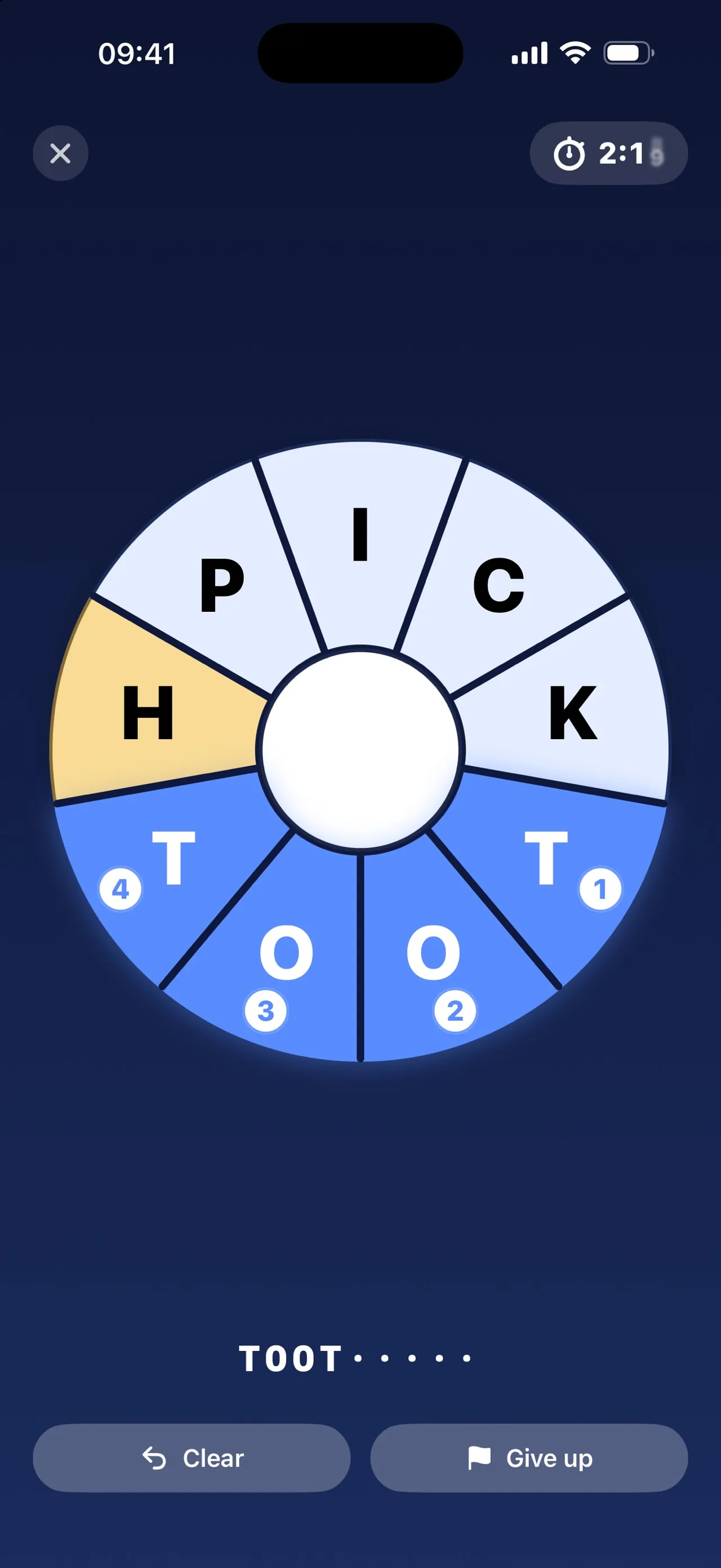Pie Puzzle nine-slice pie in play with the slices T, O, O, T highlighted in order and TOOT spelled so far, the rest reading HPICK