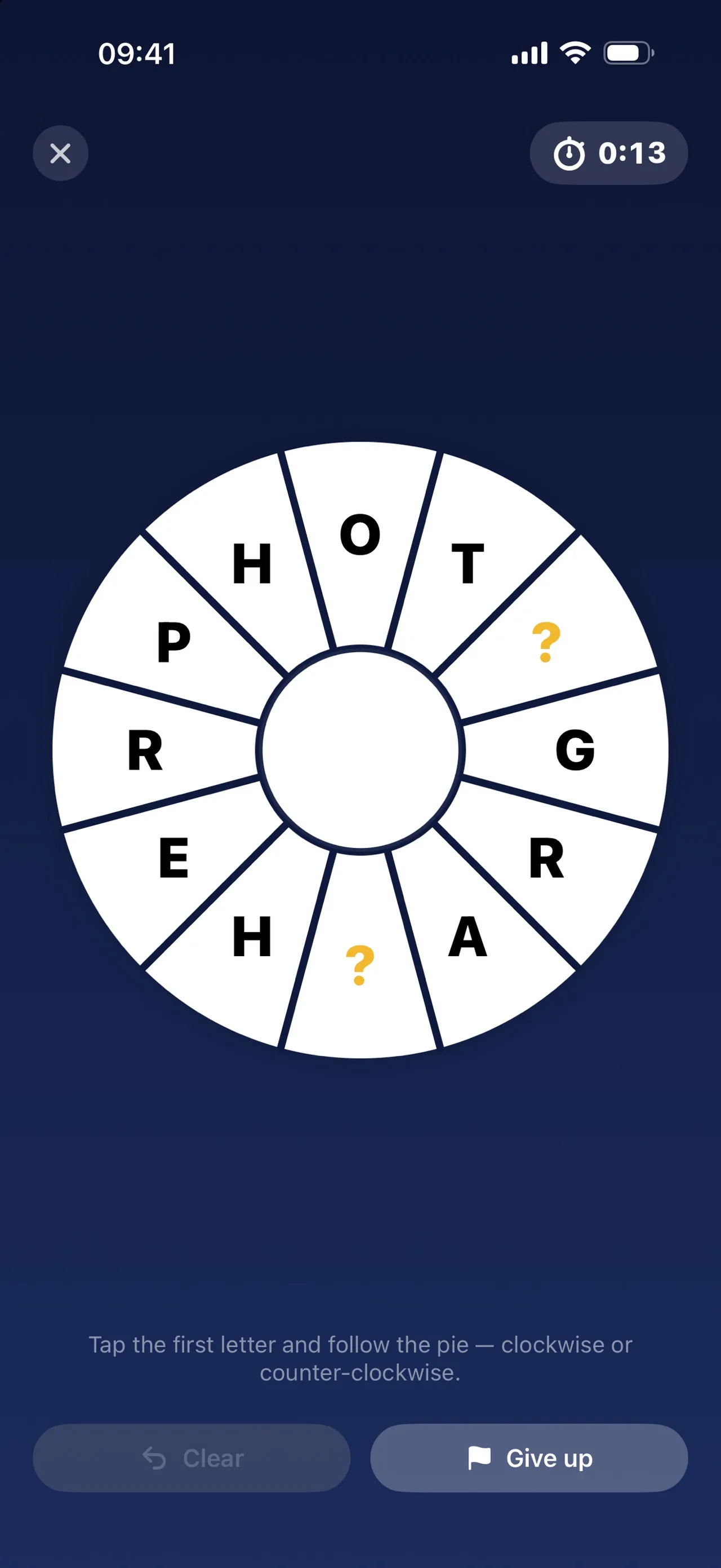 Pie Puzzle twelve-slice pie with two slices hidden behind yellow question marks and the hint to read clockwise or counter-clockwise