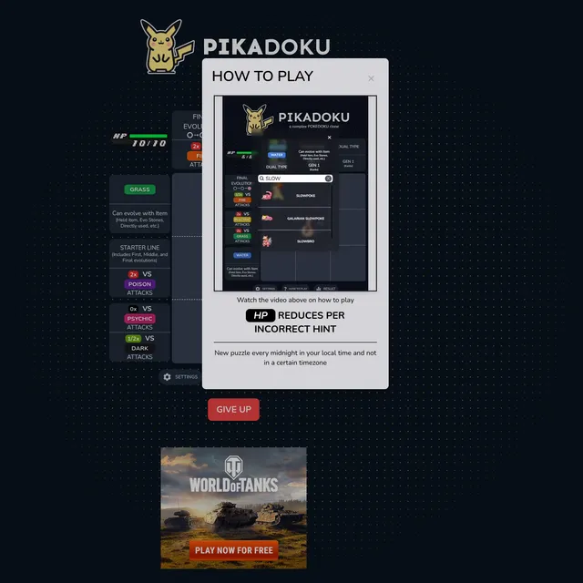 The Pikadoku page with the Pikachu logo and a how to play panel showing a three by three Pokemon grid, categories such as Final Evolution, Grass, Starter Line, Water, Dual Type and Gen 1 Kanto with ty