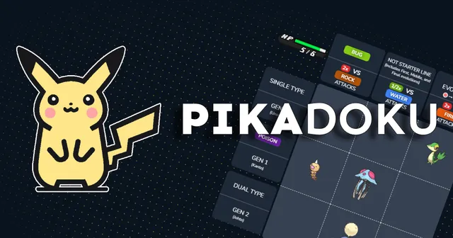 Pikadoku banner: its mascot and title beside a tilted 3x3 Pokémon grid with type and generation categories and an HP bar