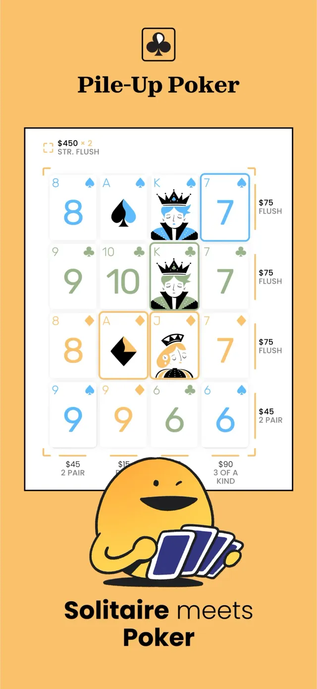 A Pile-Up Poker grid of cards with flushes and pairs scored on each row and column