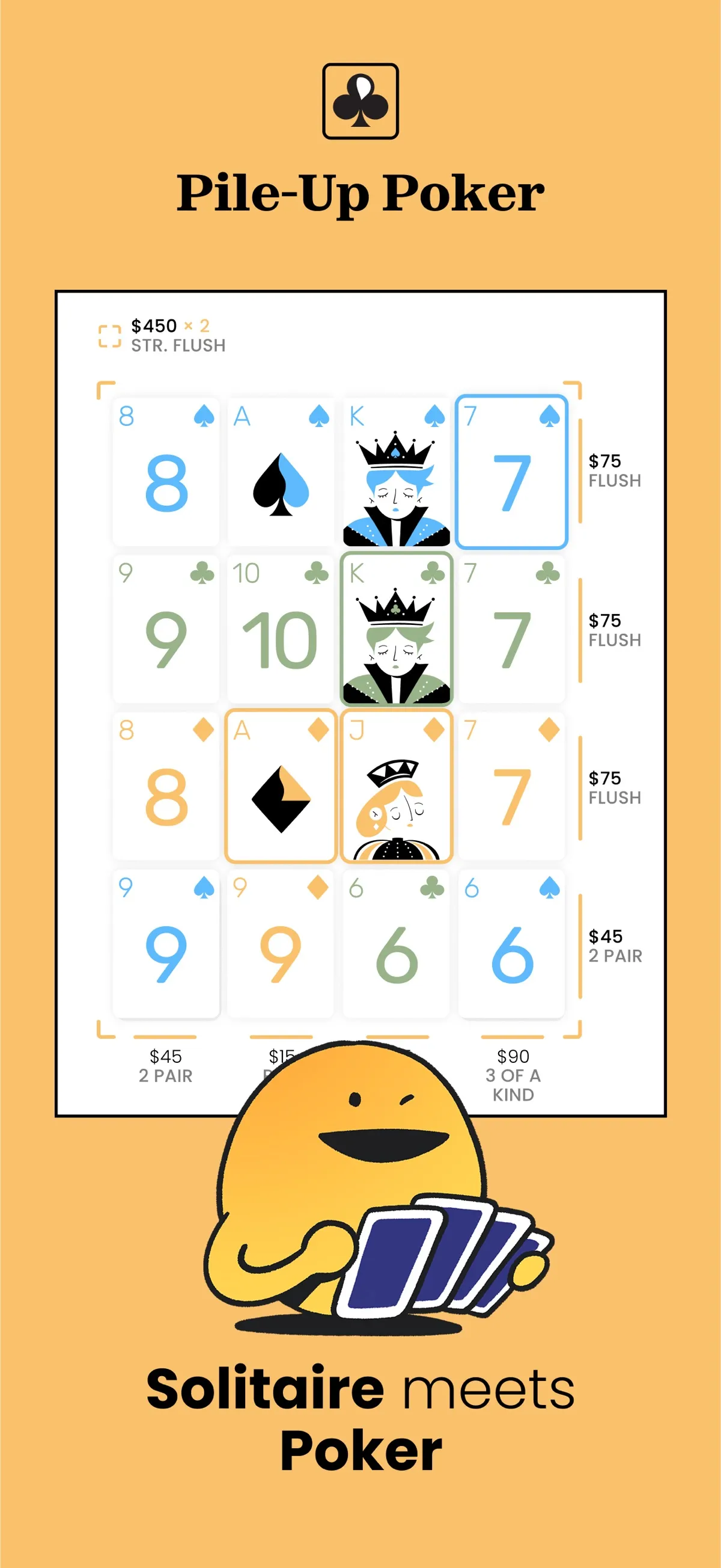 A Pile-Up Poker grid of cards with flushes and pairs scored on each row and column