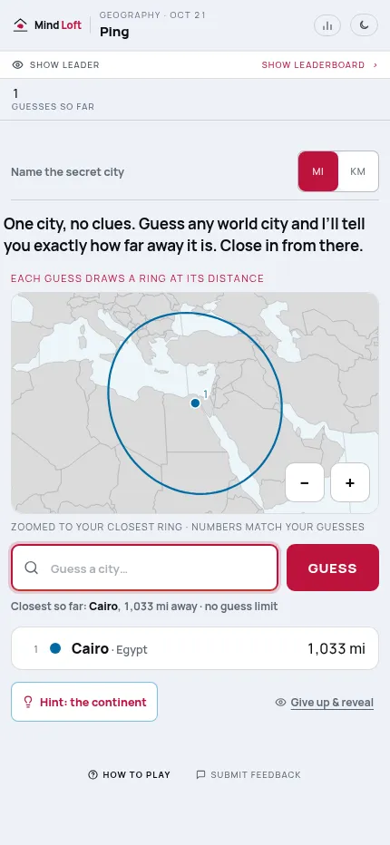 Ping on a phone for October 21, 2026: one guess, Cairo at 1,033 miles, drawn as a ring on a map of the eastern Mediterranean, with Guess, Hint: the continent and Give up buttons