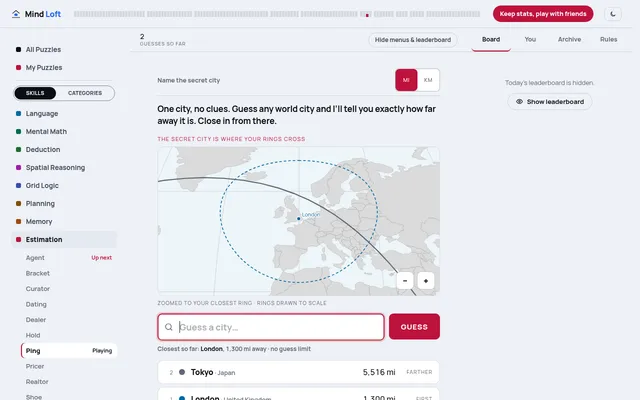 Ping on Mind Loft for October 21, 2026 at desktop size: a map of Europe with a distance ring around London, the Guess a city box, and guesses for Tokyo and London with their distances in miles