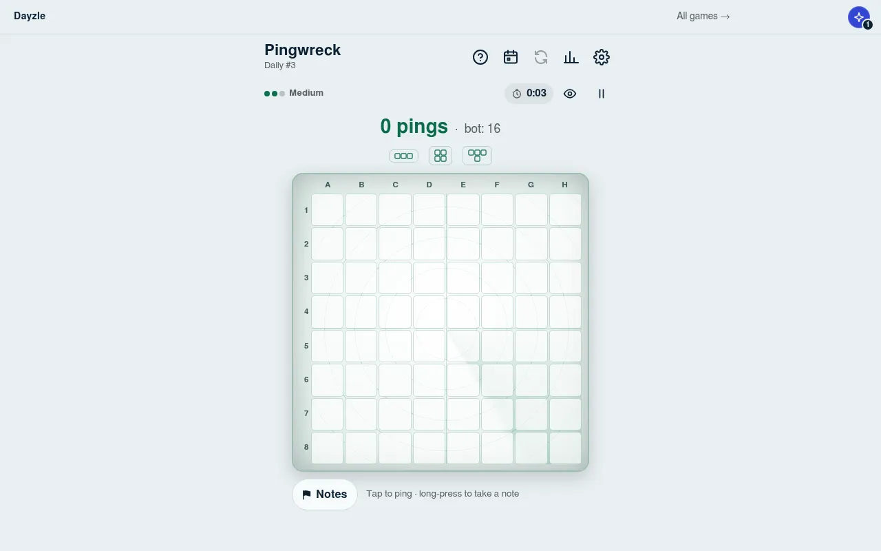 Pingwreck Daily #3: an empty 8x8 sea grid lettered A to H, 0 pings against the bot's 16, and three wreck shapes shown above it