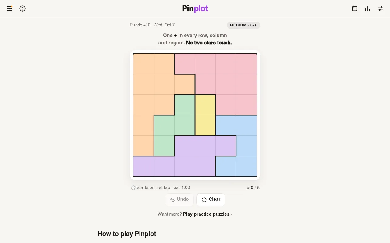 Pinplot puzzle #10 for Wed, Oct 7: an empty 6x6 grid in six colour regions, marked Medium 6x6, with par 1:00, 0 of 6 stars, and Undo and Clear buttons