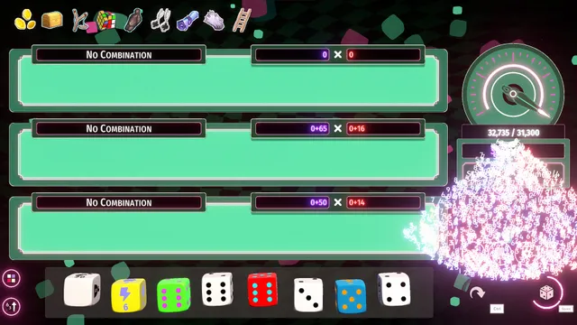 Pip My Dice round: three scoring rows, a hand of eight painted dice, relics along the top and a score gauge at 32,735 of 31,300