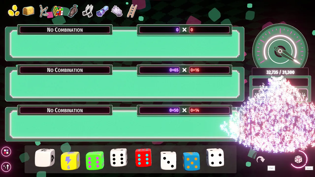 Pip My Dice round: three scoring rows, a hand of eight painted dice, relics along the top and a score gauge at 32,735 of 31,300