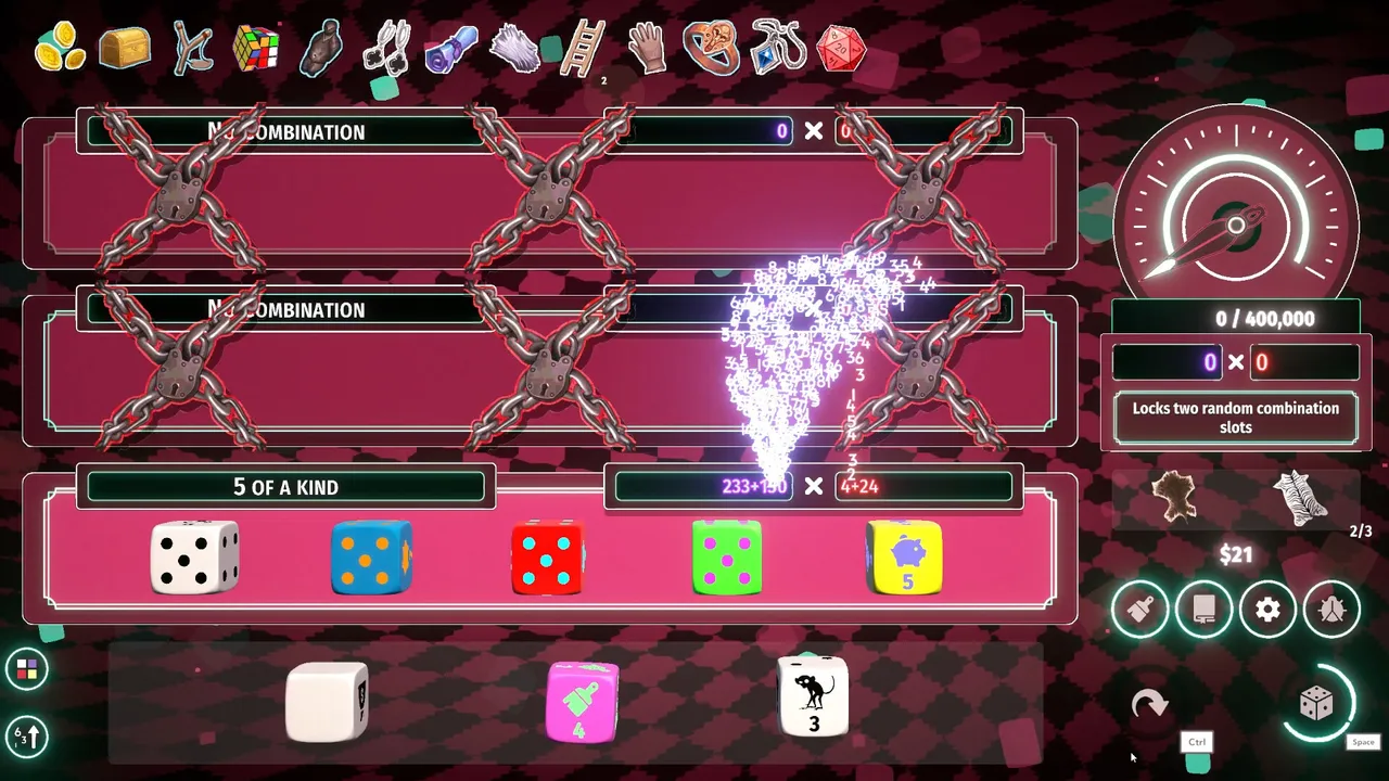 Pip My Dice boss round: chains lock two combination slots while five dice score a 5 of a kind against a 400,000 target