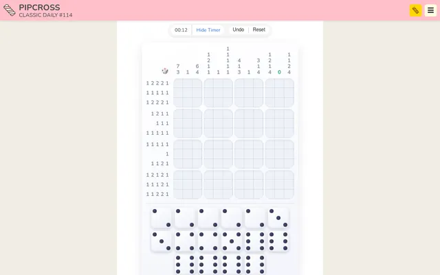 Pipcross Classic Daily #114: an empty 4x4 grid of dice squares with pip run clues along the rows and columns, a timer, and the pool of dice to place below