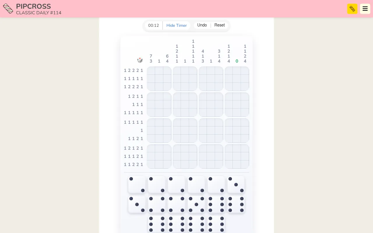Pipcross Classic Daily #114: an empty 4x4 grid of dice squares with pip run clues along the rows and columns, a timer, and the pool of dice to place below