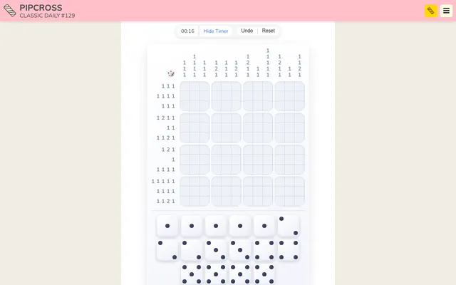Pipcross Classic Daily #129 on a desktop: an empty 4x4 grid of dice squares with pip run clues on every row and column, a timer, and the pool of sixteen dice below