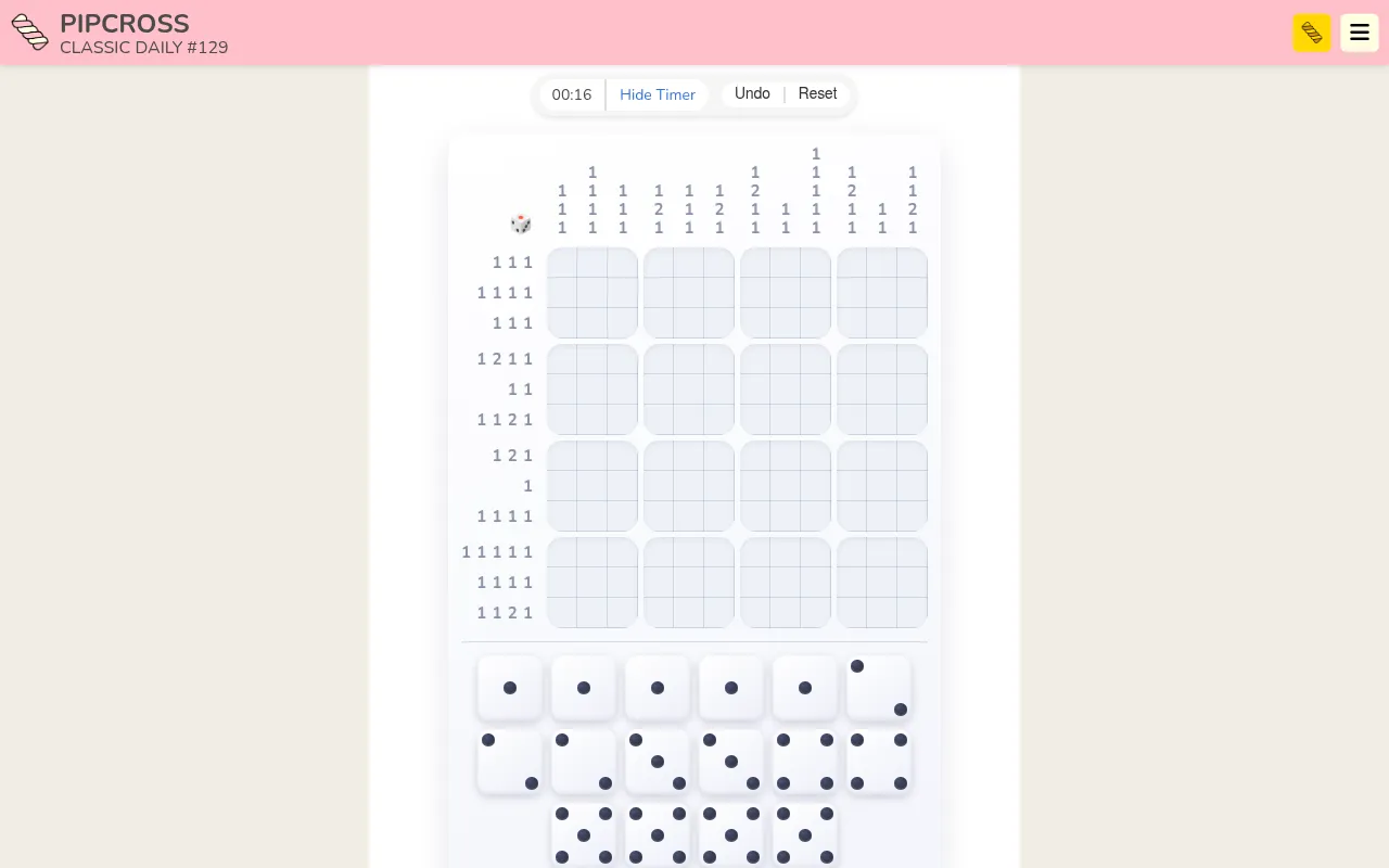 Pipcross Classic Daily #129 on a desktop: an empty 4x4 grid of dice squares with pip run clues on every row and column, a timer, and the pool of sixteen dice below