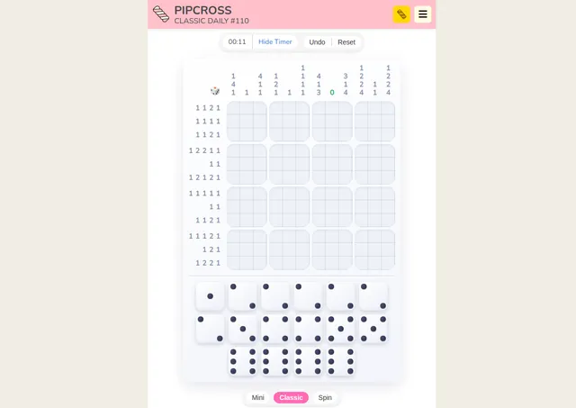 A Pipcross Classic daily board: an empty 4x4 grid of dice squares with pip run clues and a pool of dice below