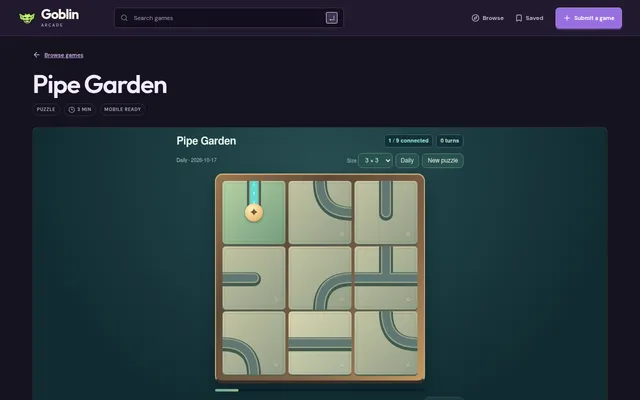 Pipe Garden's daily 3x3 board for 2026-10-17: nine pipe tiles with the golden spring in the top-left corner