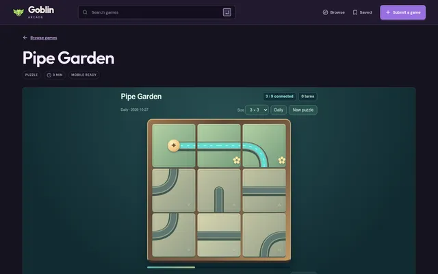 Pipe Garden's daily 3x3 garden for 2026-10-27 before solving: nine pipe tiles, the golden spring top left and three watered tiles lit