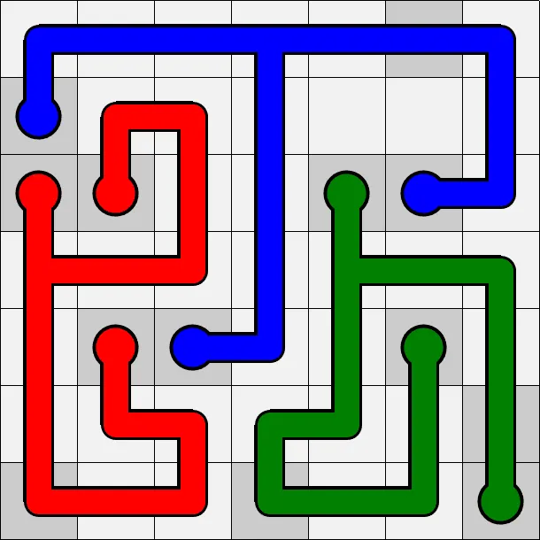 A solved example PipeConnect puzzle from PuzzleMadness's rules: thick blue, red and green pipes joining the bulbs of each colour