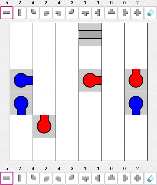 Today's Medium PipeConnect puzzle on PuzzleMadness for 3 October 2026: a 6x6 grid with red and blue bulbs, between two trays of pipe pieces with counts