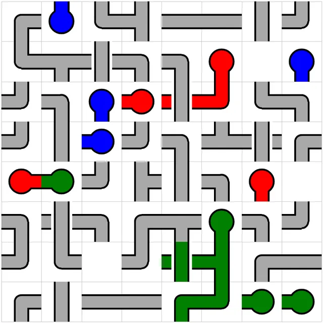Today's Medium PipeTurn grid on PuzzleMadness for 28 October 2026: an 8x8 board of grey pipe tiles with blue, red and green bulbs, some links already coloured in