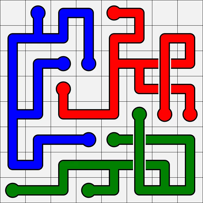 A solved example PipeTurn grid from PuzzleMadness's rules: blue, red and green pipe networks each joining the bulbs of one colour