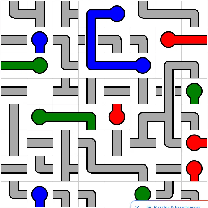 Today's Medium PipeTurn grid on PuzzleMadness for 3 October 2026: grey pipe tiles with blue, red and green bulbs, some links already coloured in