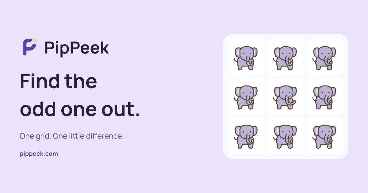 PipPeek share art: a 3x3 grid of lavender elephants, one with a different trunk, beside the words Find the odd one out
