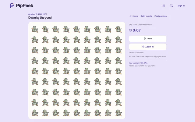The PipPeek daily puzzle for October 17, 2026, Down by the pond: a 9x9 grid of green ducks with one different, beside the timer, Hint and Zoom in buttons