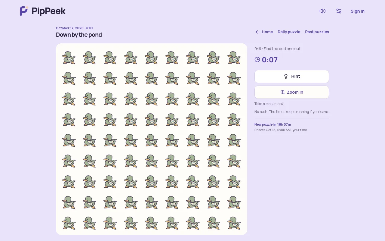 The PipPeek daily puzzle for October 17, 2026, Down by the pond: a 9x9 grid of green ducks with one different, beside the timer, Hint and Zoom in buttons