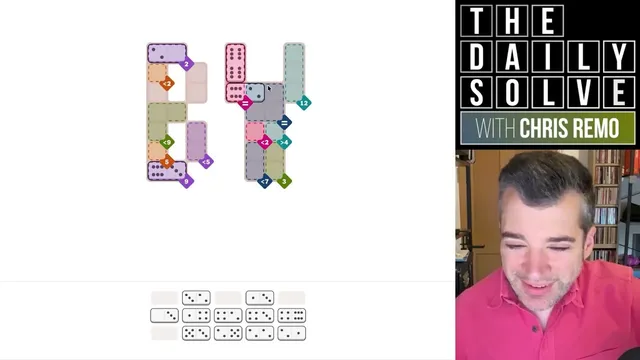 The Pips board of 18 October 2026 mid-solve in a player's video: dominoes set in coloured regions marked 12, =, <2 and >4, with the unplaced dominoes below