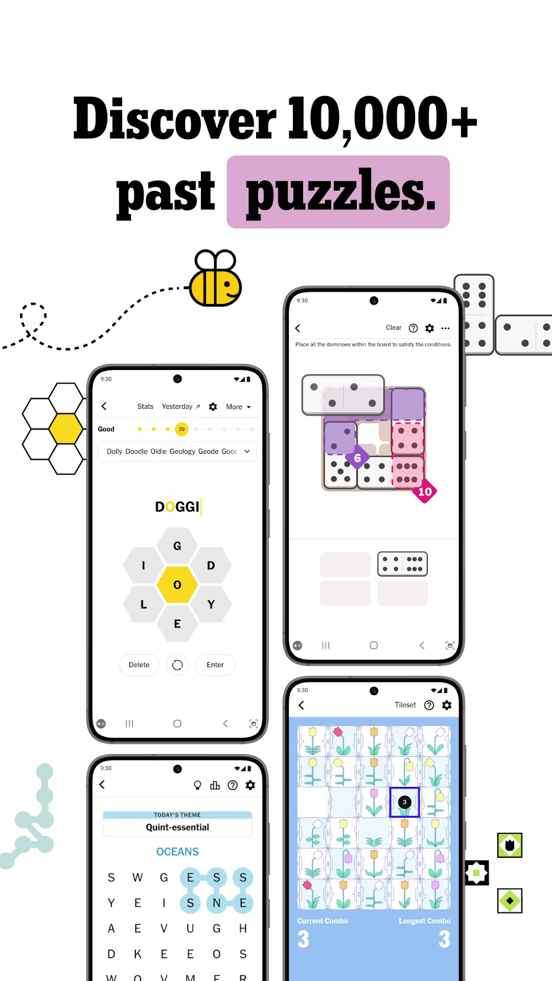 NYT Games store art with a Pips board at top right: dominoes placed in coloured regions marked 6 and 10, beside Spelling Bee, Strands and Tiles