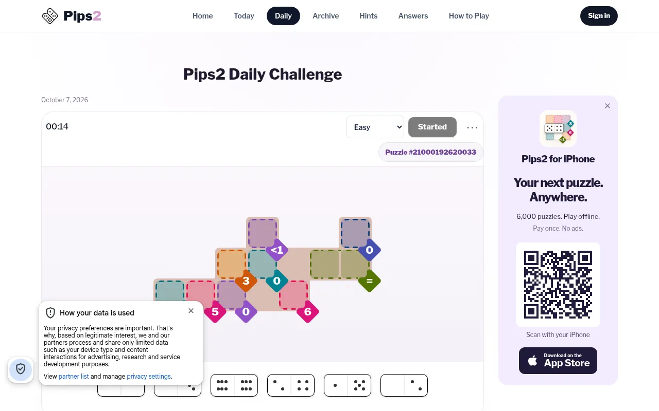 Pips2 Daily Challenge for October 7, 2026 on Easy, puzzle number shown: a shaped board of coloured regions with clues 3, 5, 6, 0, = and <1, and dominoes in the rack below