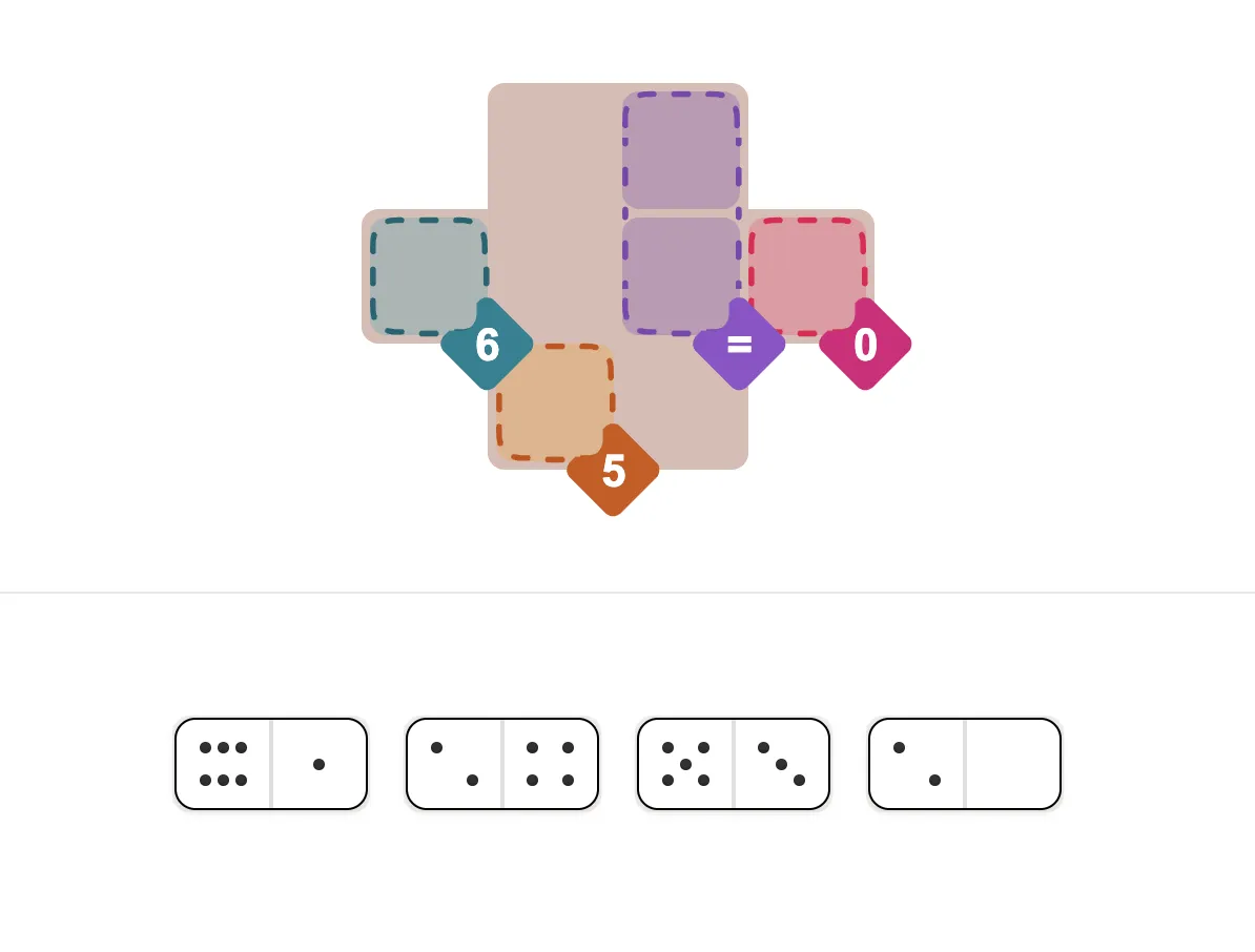 Pips2's own art: a small Pips2 board with region clues 6, 5, = and 0 above a rack of four dominoes
