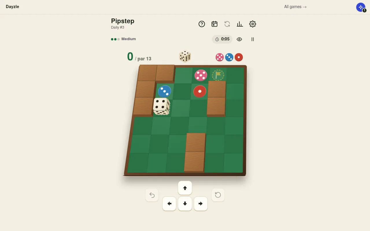 The Pipstep board, Daily #3 at Medium: a 6x6 green grid with wooden walls, a die, pink 5, blue 3 and red 1 chips, a flag, 0 / par 13 and arrow buttons