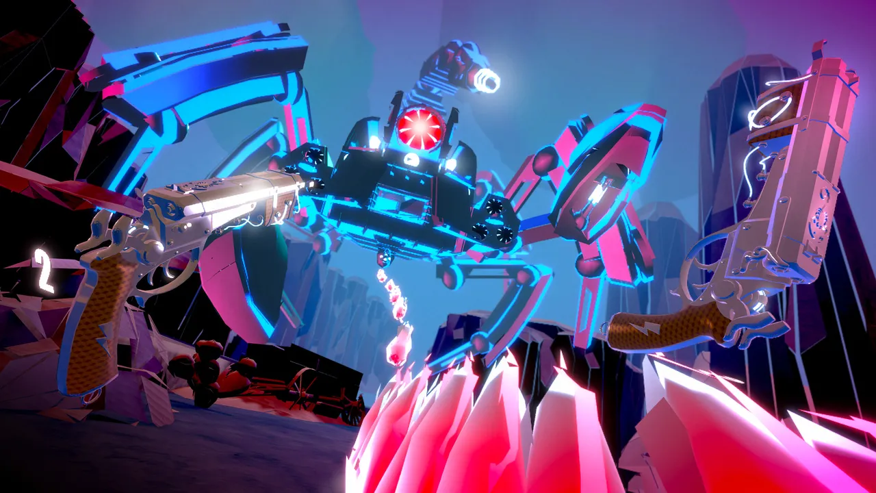 Pistol Whip's Smoke & Thunder campaign: two revolvers facing a giant spider robot over red crystals