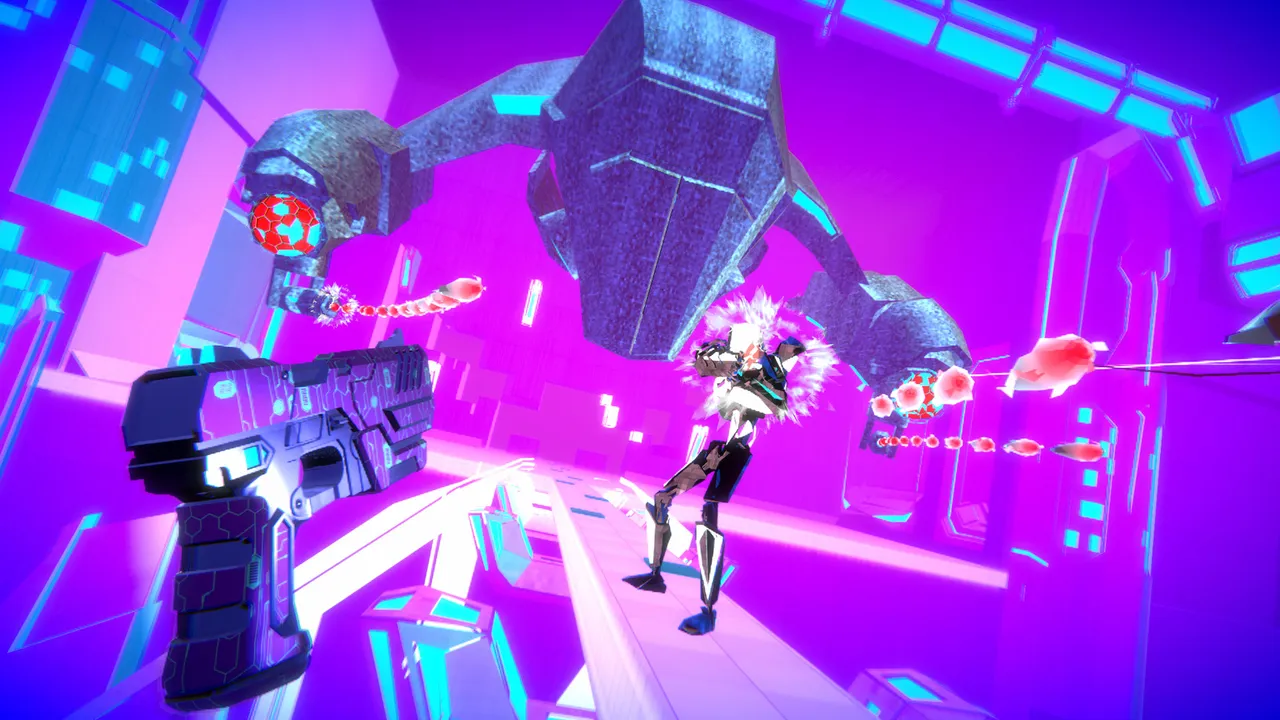 Pistol Whip's 2089 campaign: a futuristic pistol aimed at a cyborg under a giant robot in a magenta corridor