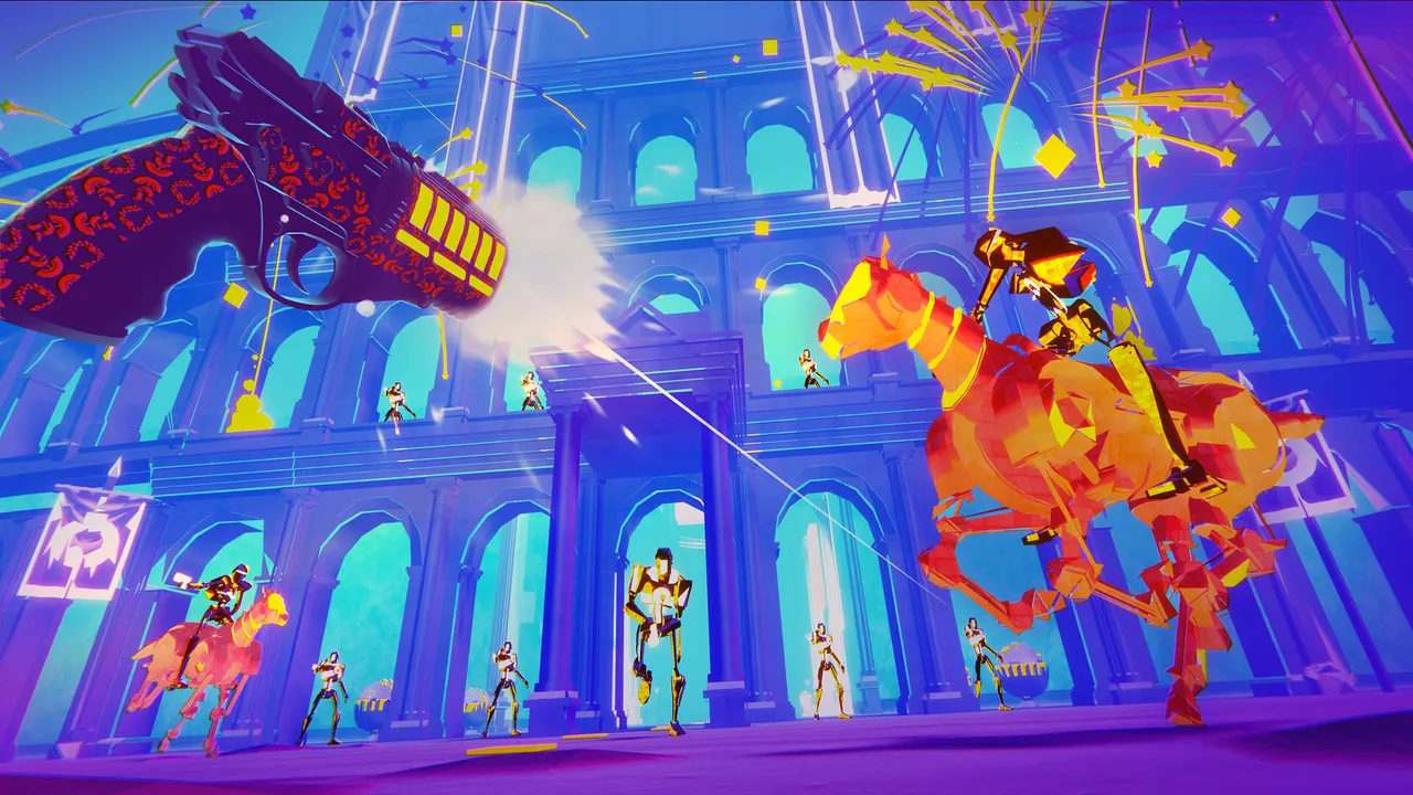 Pistol Whip gameplay: the player's revolver fires at robot riders on horseback in a neon arena of arches