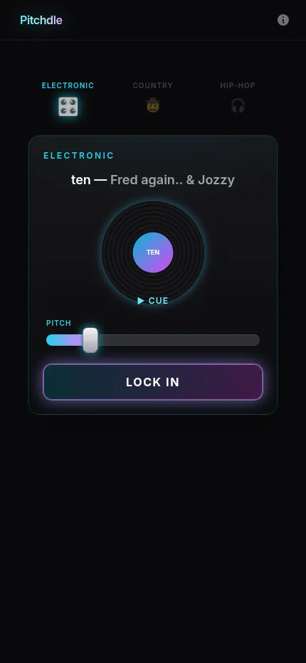 Pitchdle at phone size in phase 2: the named song on a spinning record, a pitch slider to drag back to the original key and a Lock in button