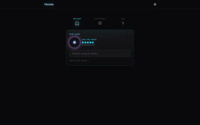 Pitchdle's first round of the day: Hip-Hop, Electronic and R&B tabs, a record with a play button, five guess dots, a song or artist search box and a skip link