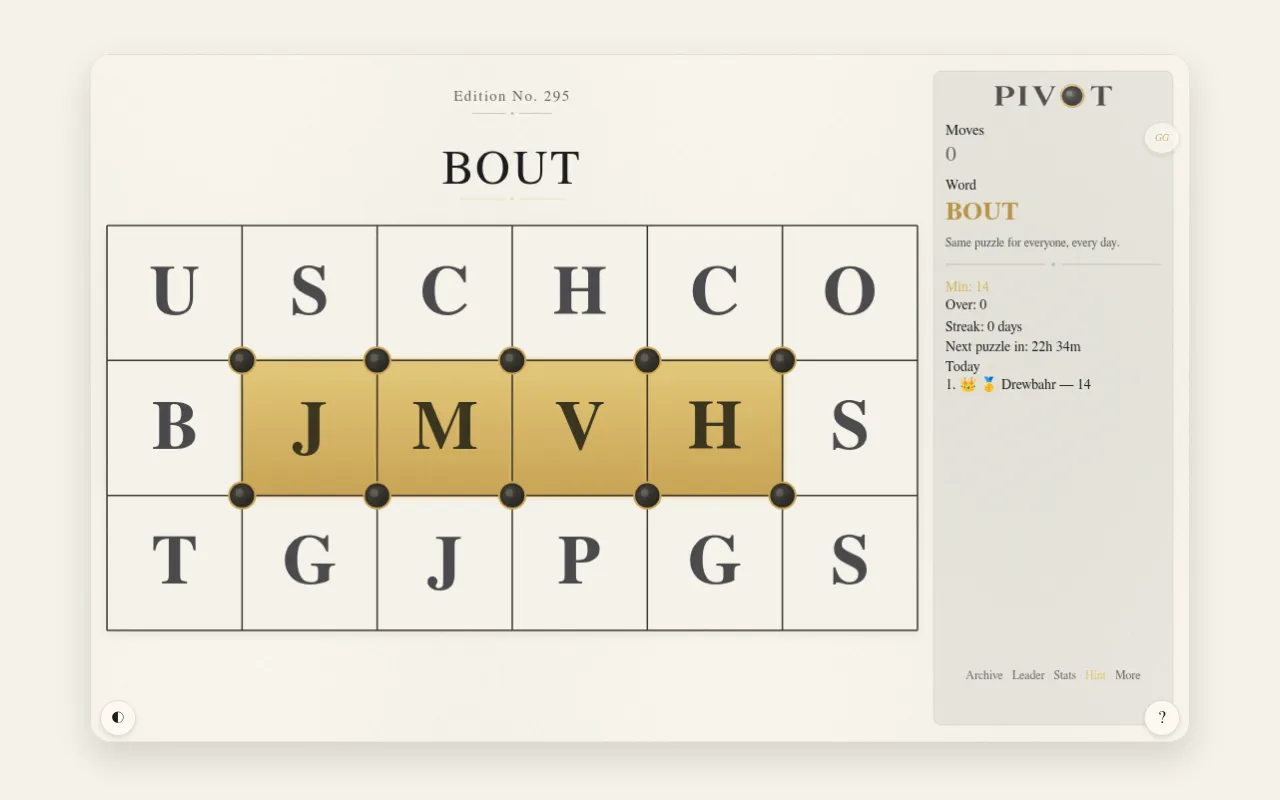 Today's PIVOT board, edition 295: target word BOUT above a 3x6 letter grid with four gold centre tiles and pivot dots, beside the moves and leaderboard panel