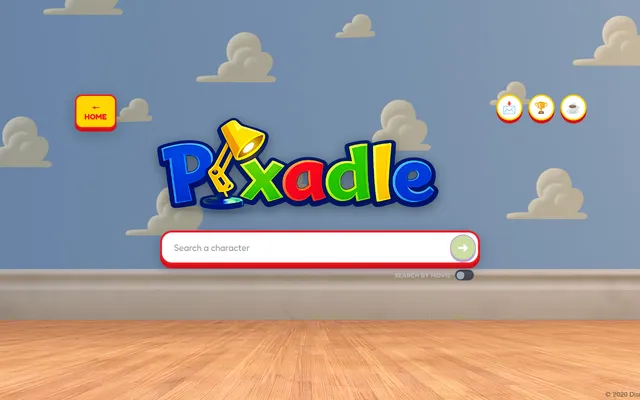 Pixadle Classic mode: the Pixadle logo with a desk lamp over a cloud wallpaper bedroom, a Search a character box and a search-by-movie switch