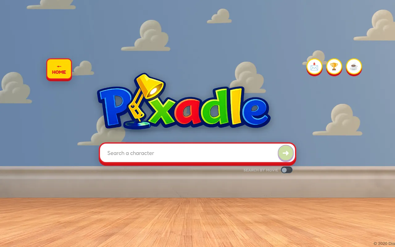 Pixadle Classic mode: the Pixadle logo with a desk lamp over a cloud wallpaper bedroom, a Search a character box and a search-by-movie switch
