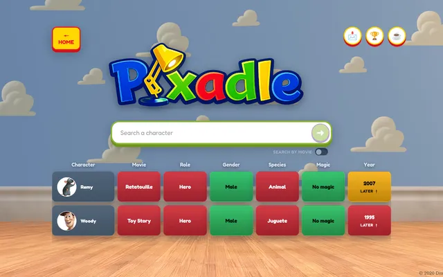 Pixadle Classic mode on 26 October 2026: guesses Remy and Woody with film, role, gender, species, magic and year tiles in green, red and yellow, the year marked Later