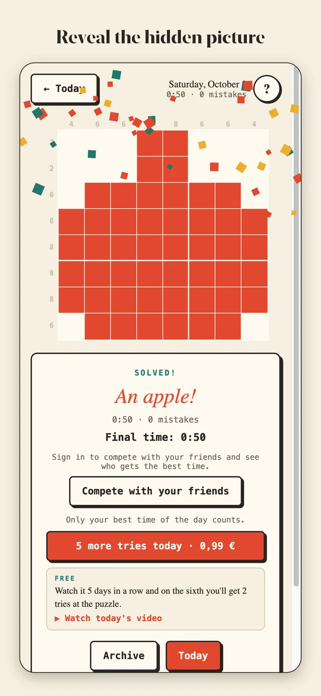 A solved Pixalea nonogram revealing a red pixel apple, with the final time and buttons below