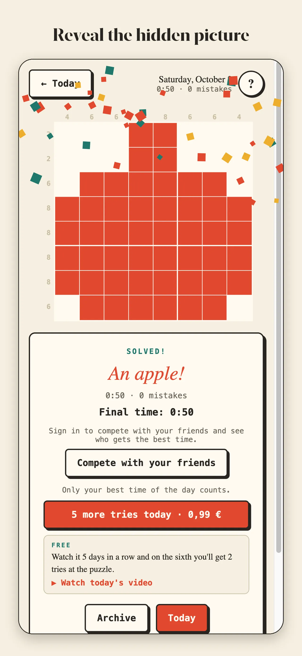 A solved Pixalea nonogram revealing a red pixel apple, with the final time and buttons below