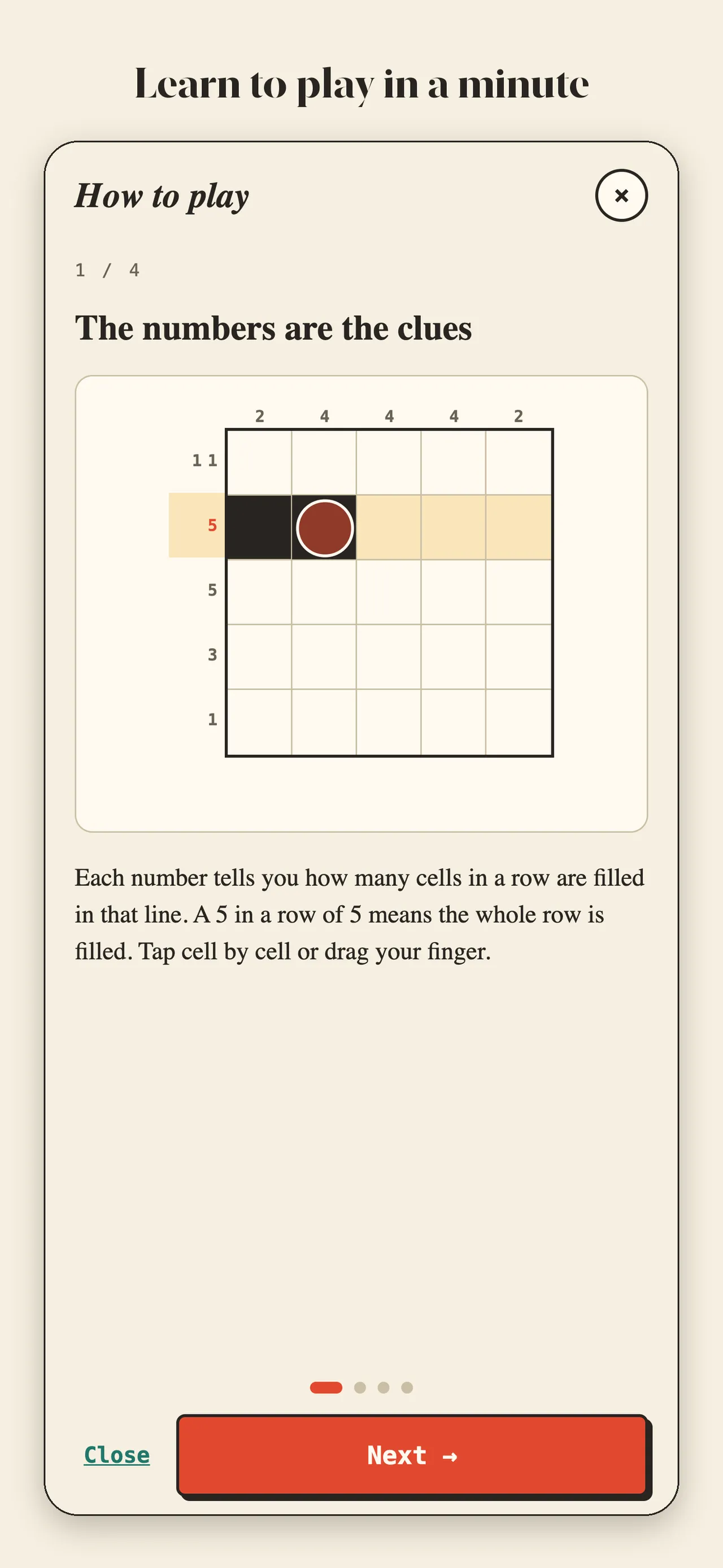 Pixalea's how-to-play card explaining that each number counts filled cells in a line