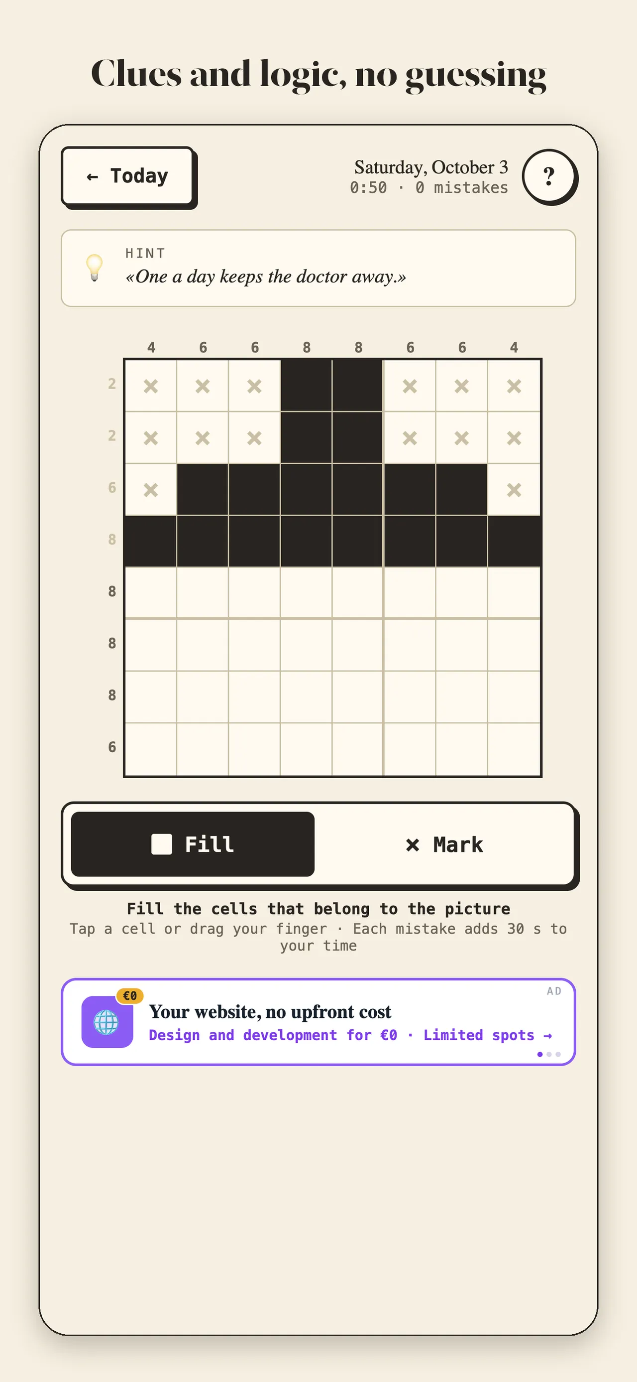 A Pixalea 8x8 nonogram in progress with number clues, a riddle hint and Fill and Mark buttons