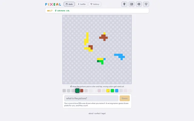 Pixeal daily #67 on 21 October 2026: a 32x32 grid with a few yellow, brown, blue and green strokes drawn, the 16-colour palette and the name-guess box below