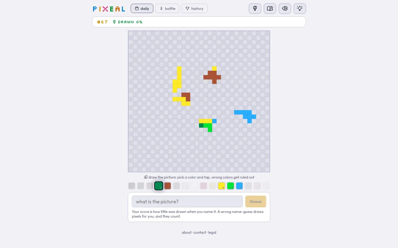 Pixeal daily #67 on 21 October 2026: a 32x32 grid with a few yellow, brown, blue and green strokes drawn, the 16-colour palette and the name-guess box below