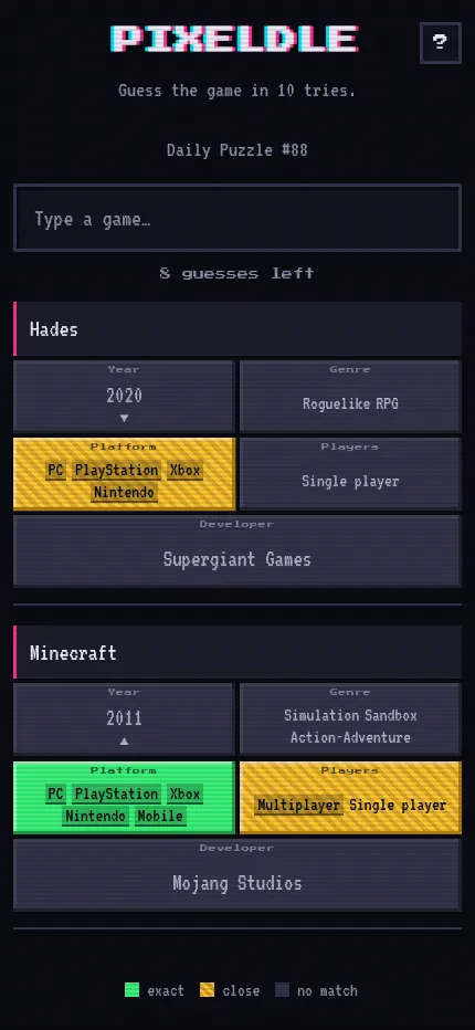 Pixeldle Daily Puzzle #88 at phone size: Hades and Minecraft guesses shown as stacked cards with year, genre, platform, players and developer cells